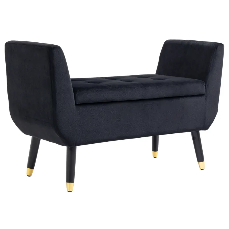 HOMCOM banchetă cu depozitare și cotiere, banchetă tapițată cu aspect de catifea, cufăr cu picioare din lemn, bancă pentru living, dormitor, hol 107 x 42 x 65 cm, Negru