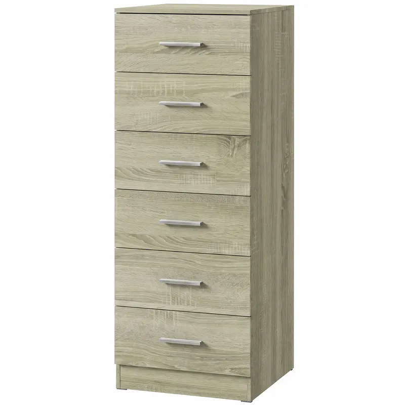 HOMCOM Comodă 6 sertare, corp de depozitare, stil modern, pentru dormitor, intrare, hol, 40x40x110cm, stejar
