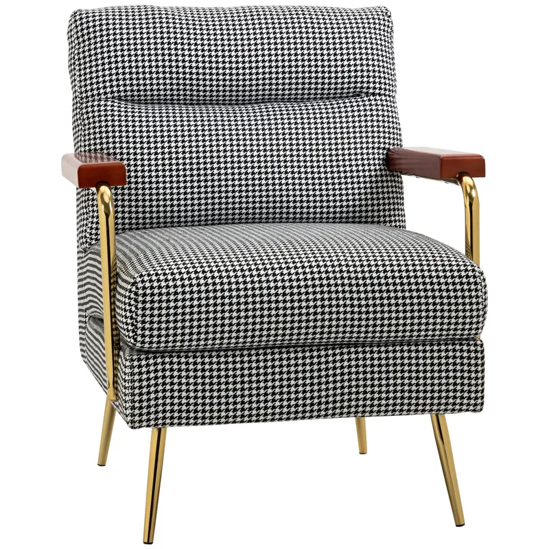 HOMCOM Fotoliu în stil retro, fotoliu de accent, model de pauni, elemente de lemn, miez de arcuri, Negru + Alb