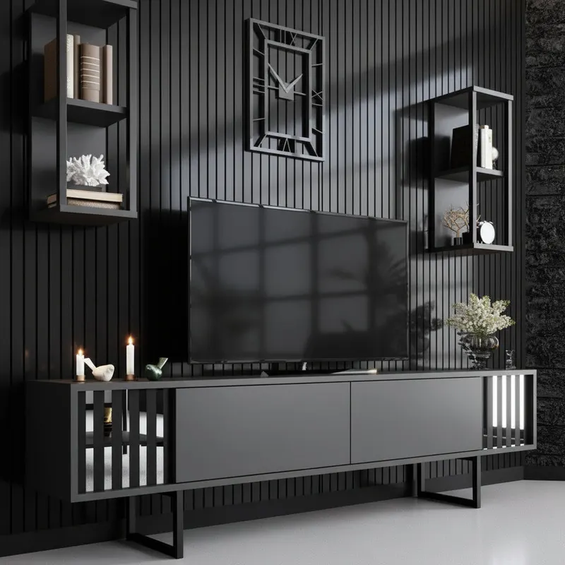 Comoda Tv Chrome Line Tv Stand Stylish, Gri, 180x30x18 cm - Negru