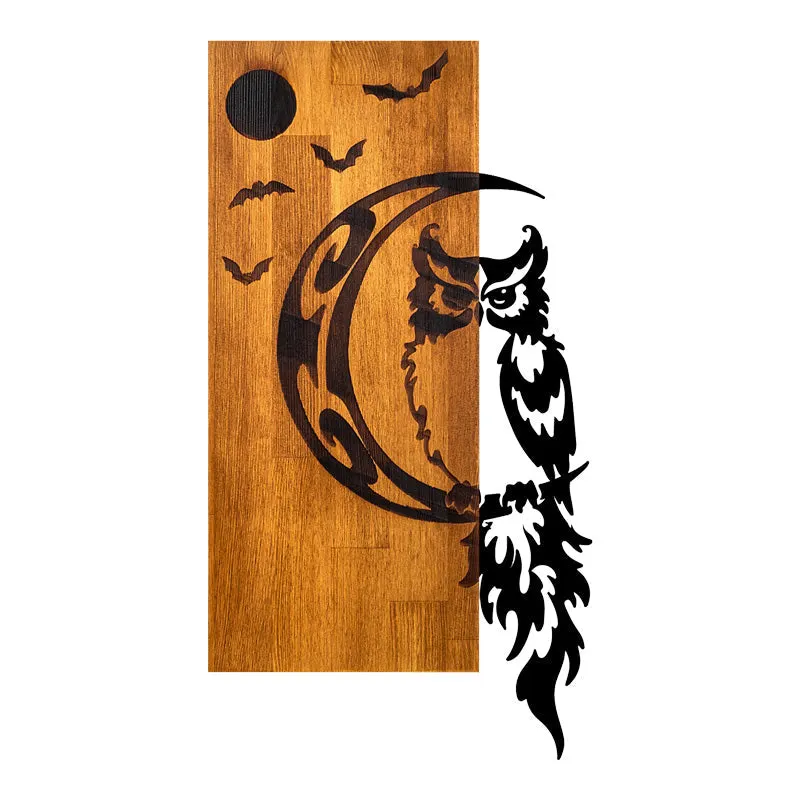 Decor perete cu bufniță, Stil Natural, Lemn de pin și Metal Negru, 36x3x66 cm - BLACK - NATURAL