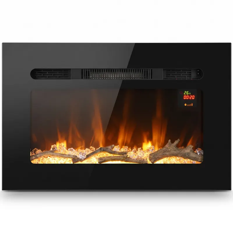 HOMCOM Șemineu Electric de 60 cm, Încastrat sau de Perete, 1800 W, Temporizator 24 de Ore, Flacără Reglabilă, Cristale