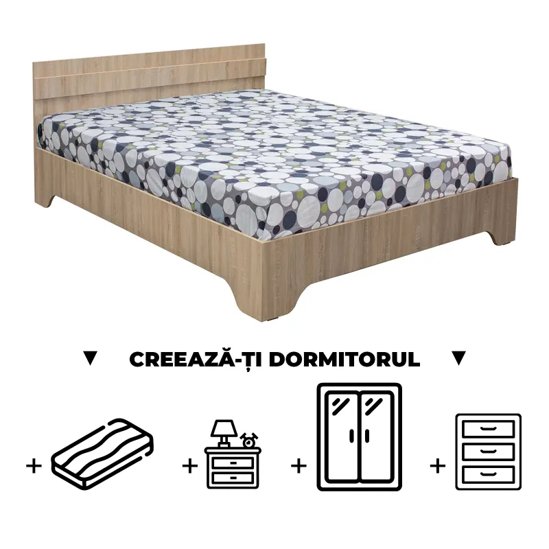 Creeaza-ti Dormitorul ALMA, sonoma deschis, de la Pat cu picioare Alma 160x200 cm, adauga Saltea, Noptiere, Comoda, Dulap