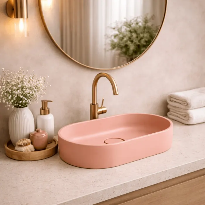 Lavoar compozit cu montare pe blat, 60x38 cm, roz somon mat, Terra