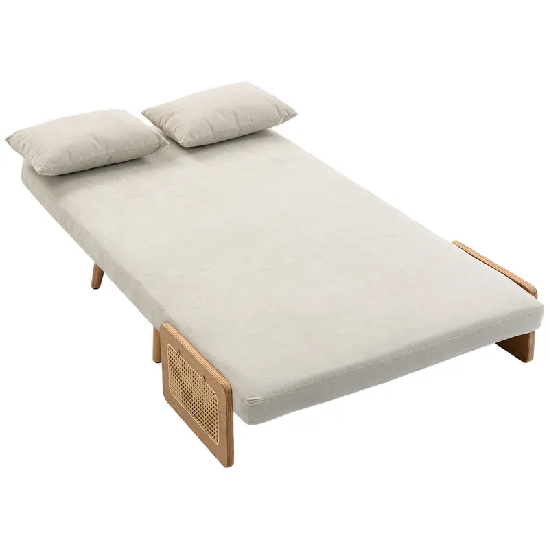 HOMCOM Canapea convertibilă 2 locuri, canapea-pat 3 în 1 Chenille 103cm, spătar reglabil, 2 perne, cotiere din lemn, crem