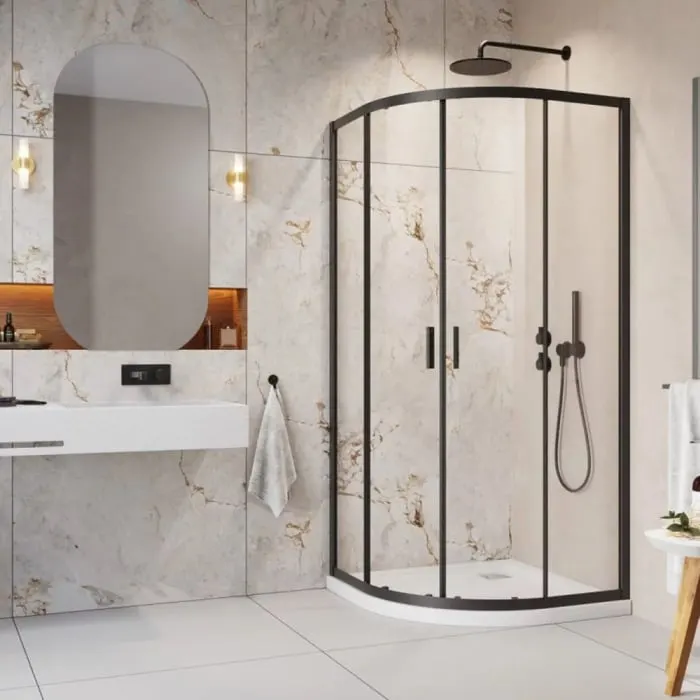 Set cabina de dus patrata neagra Radaway Alienta Black A 90x90 cm, usi culisante, cadita Rodos A Compact si sifon