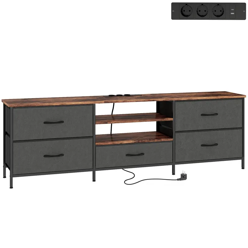 HOMCOM Comodă TV 160 cm, Suport TV 177,8 cm, Stație de încărcare, 5 sertare din material textil, Rafturi deschise, Gri închis