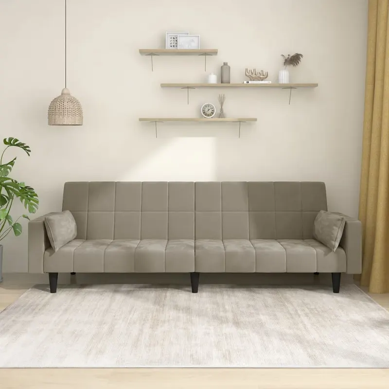 canapea extensibila cu 2 locuri, 2 perne, gri deschis, catifea