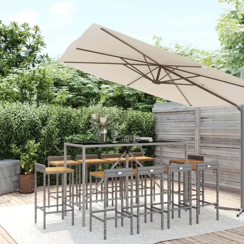 set bar pentru gradina, 11 piese, gri, poliratan/lemn acacia