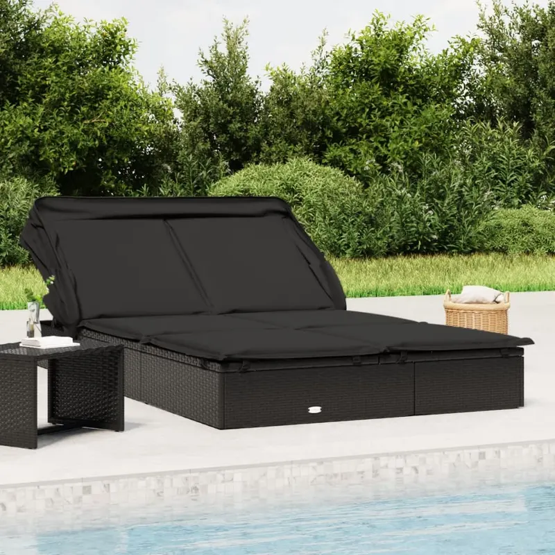 sezlong 2 pers. acoperis pliabil negru 213x118x97 cm poliratan