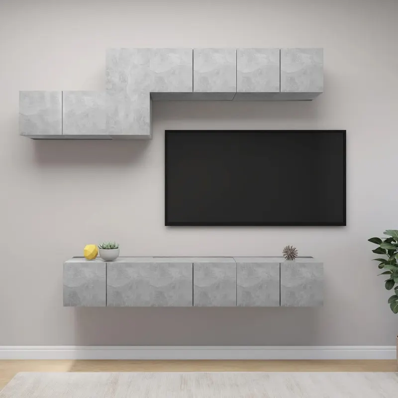 set de dulapuri tv, 7 piese, gri beton, lemn prelucrat