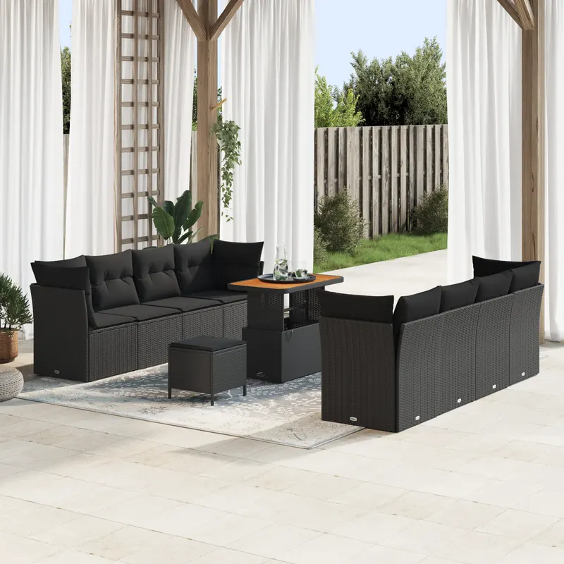 set de canapea de gradina cu 11 piese si perne negru poli ratan acacia, set de dining de gradina cu 3 piese si perne negru poli ratan acacia