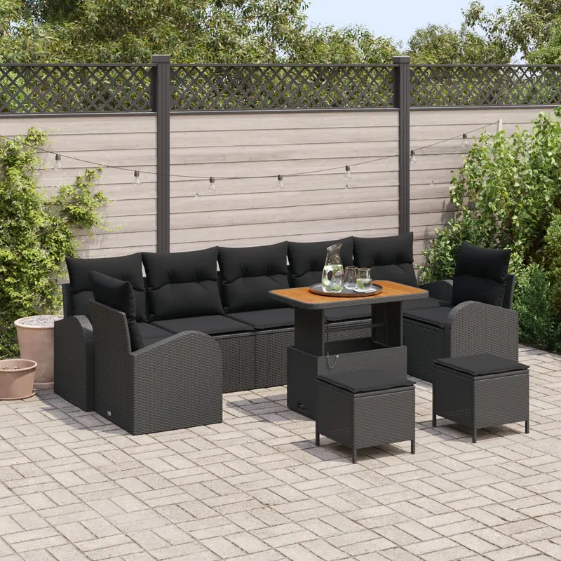 Set de canapea gradina 10 piese cu perne negre ratan poli acacia, canapea gradina 2 locuri cu depozitare si perne negre ratan poli, set dining gradina 3 piese cu perne negre ratan poli acacia