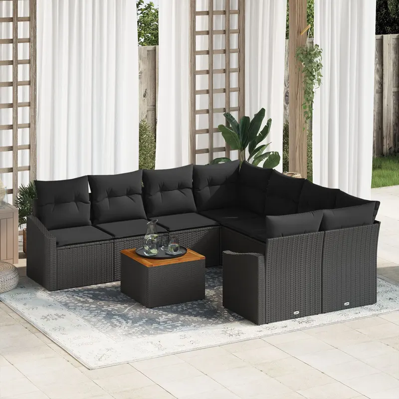 set de canapea cu 9 piese cu perne negru poliratan acacia