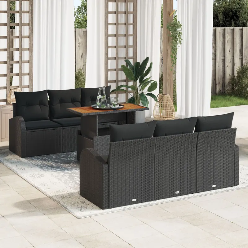 set dining pentru gradina cu 7 piese si perne, negru, poliratan, acacia