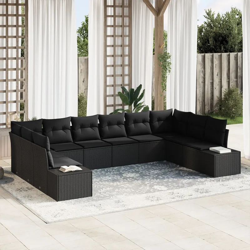 set canapele gradina cu 10 piese si perne in ratan negru