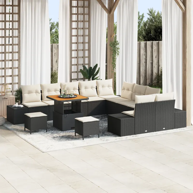 Set de sofa de gradina cu 13 piese si perne negre din poliratan acacia, sofa de gradina cu 2 locuri si perne negre din poliratan, set de dining pentru gradina cu 3 piese si perne negre din poliratan acacia