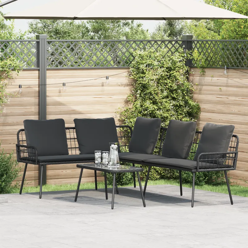 set canapea de gradina, 2 piese, cu perne negre, poliratan