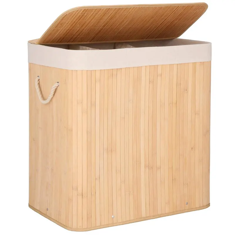 Cos rufe bambus pliabil captuseala detasabila lavabila 3 compartimente, 63x42x62 cm, 150l, maro