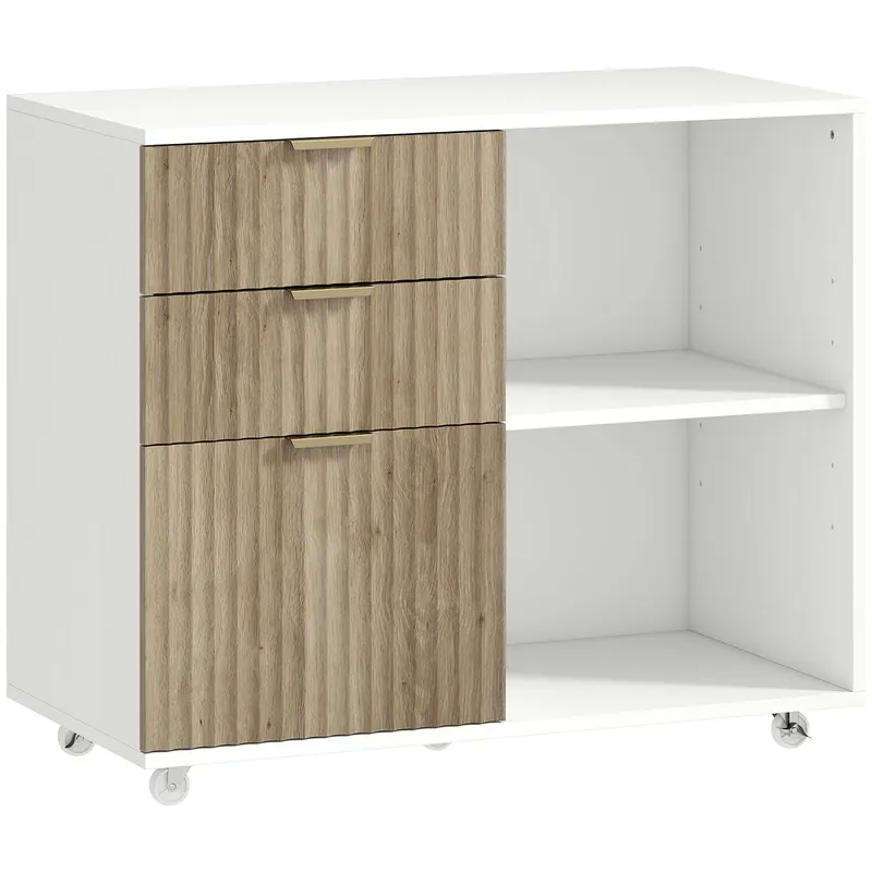 HOMCOM Suport pentru imprimantă pe roți, 3 sertare, 2 rafturi deschise, design ondulat, 80x40x68cm, Alb Stejar