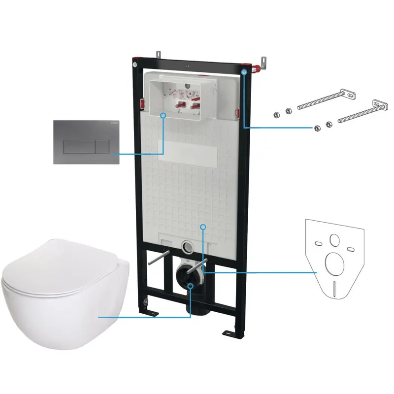 Set vas wc rimless alb cu capac soft close, rezervor incastrat, clapeta de actionare titan si izolare fonica Deante Peonia