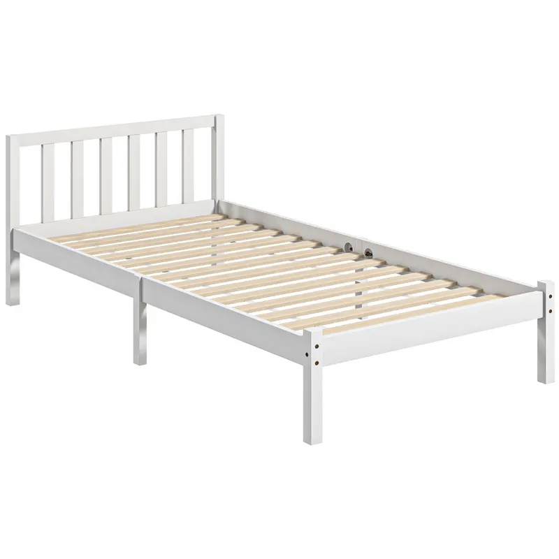 HOMCOM Cadru de pat din lemn masiv 90x190 cm pat single cu tăblie și somieră cu lamele solid pentru copii adulți