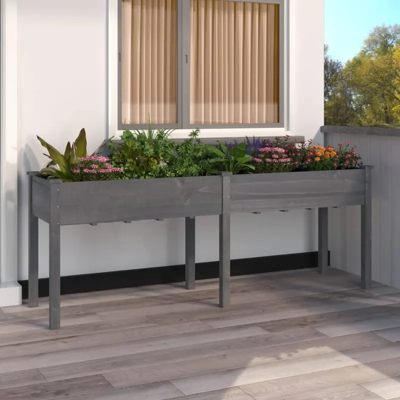 jardiniera cu captuseala, gri, 203x53x76 cm, lemn masiv brad