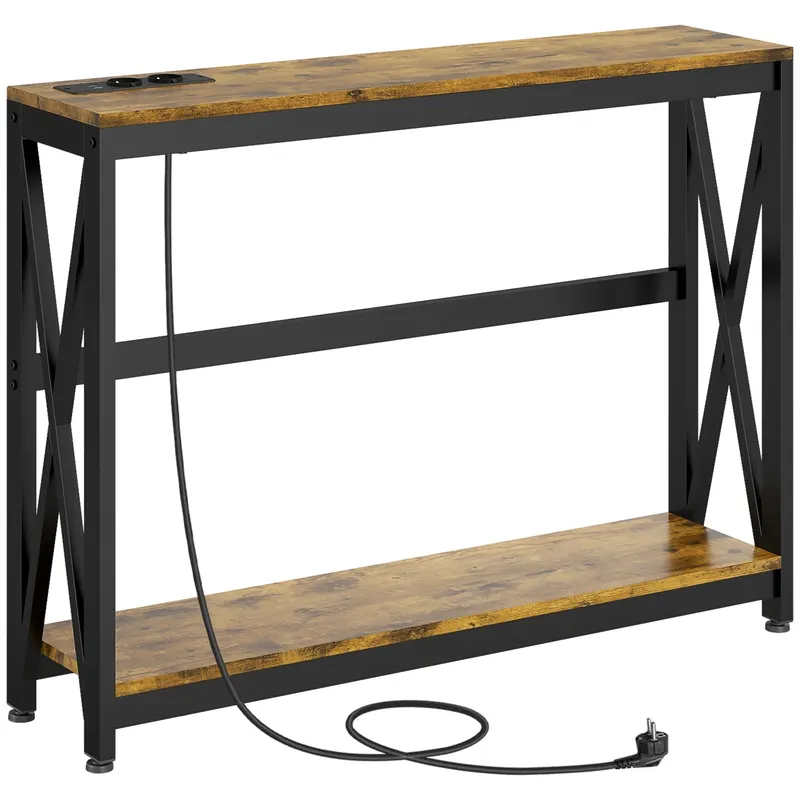 HOMCOM Masă Subțire de Consolă, Masă Industrială cu Două Nivele, Masă de Canapea Îngustă cu Cadru X din Oțel, 100x24x75 cm, Maro