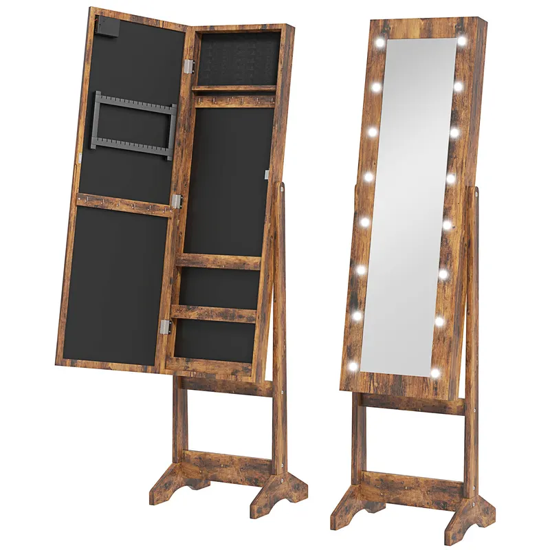 HOMCOM Dulap pentru Bijuterii cu Oglindă Reglabilă și Lumini LED 36x30x136 cm Maro Rustic