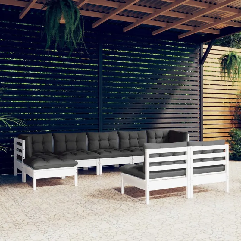 set mobilier de gradina cu perne, 9 piese, alb, lemn de pin