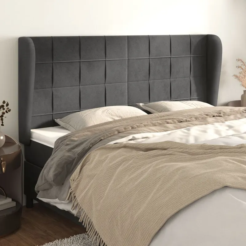 Tablie de pat cu aripioare, negru, 163x23x118/128 cm, catifea