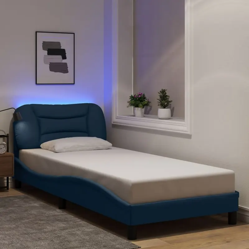 cadru de pat cu led fara saltea tesatura albastra 90x200 cm