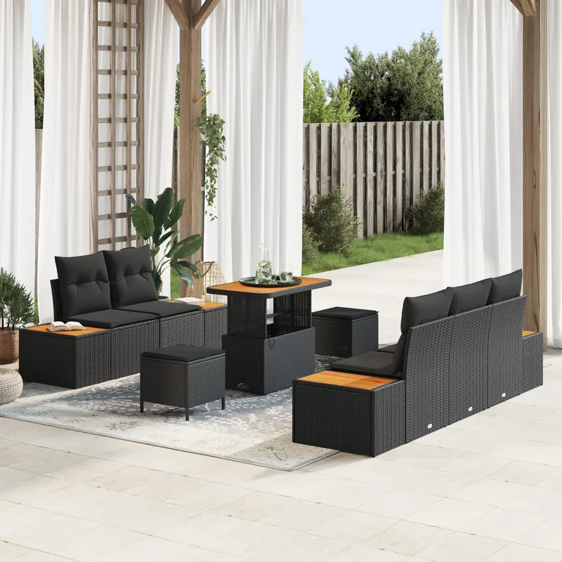 Set canapea gradina 8 piese cu perne ratan polimer negru acacia, set masa si canapea gradina 3 piese cu perne ratan polimer negru acacia