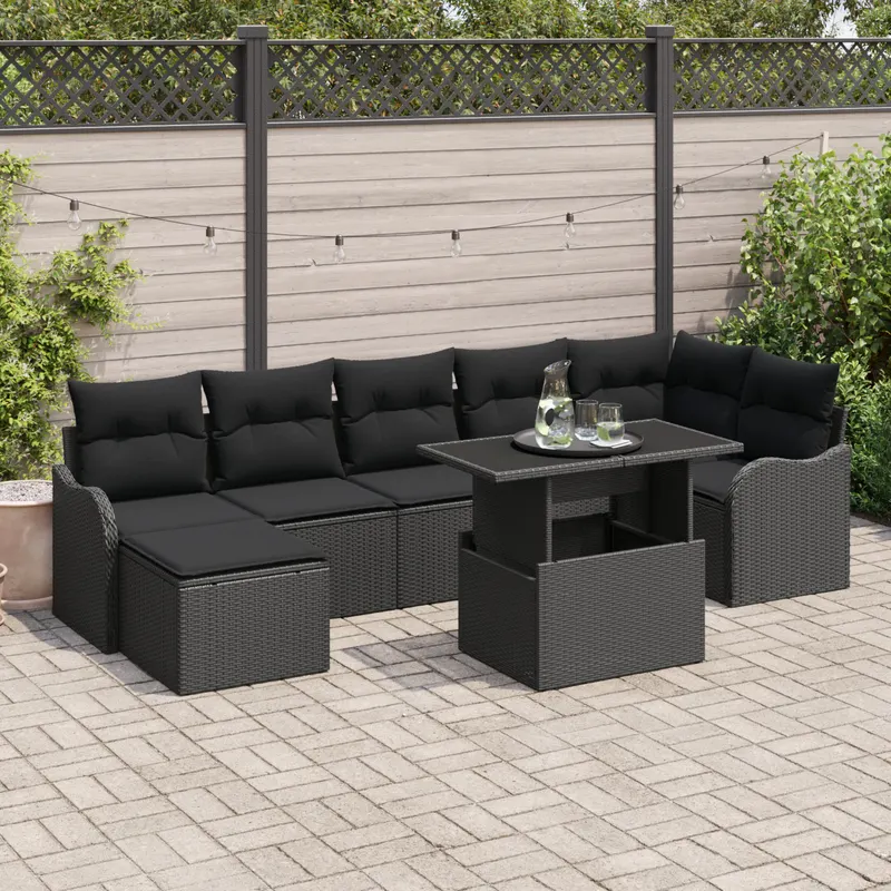 Set canapele gradina 8 piese perne ratan poli negru, canapea gradina 2 locuri perne ratan poli negru