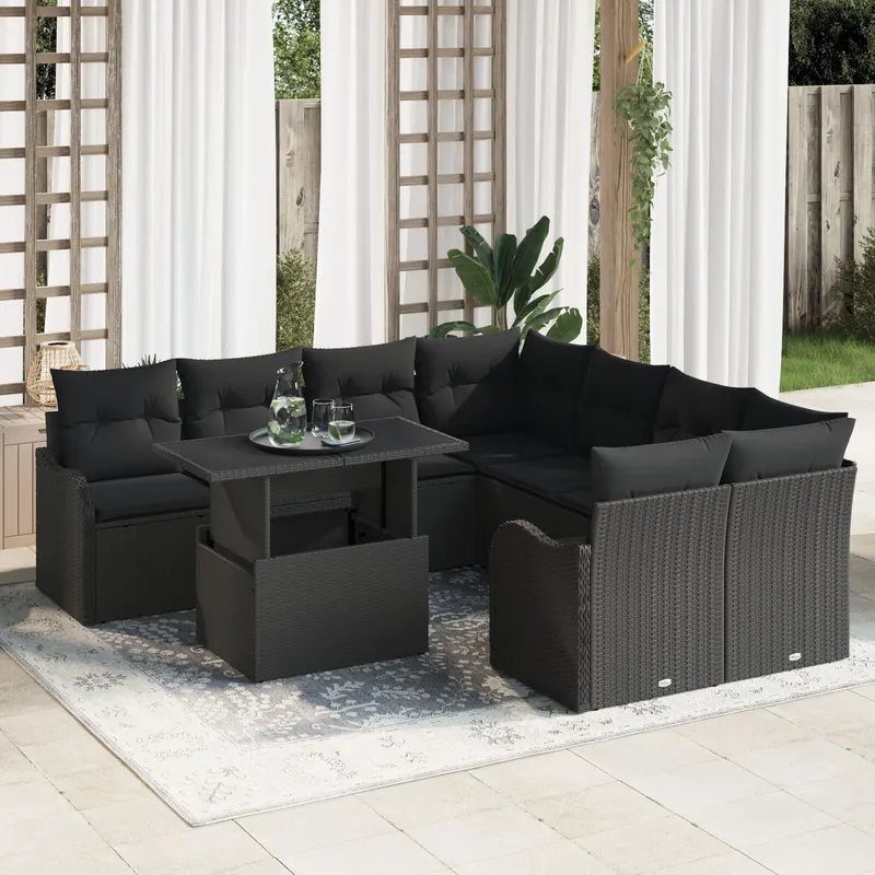 Set de canapea gradina cu 9 piese cu perne ratan poly negru , canapea de gradina cu 2 locuri cu perne ratan poly negru