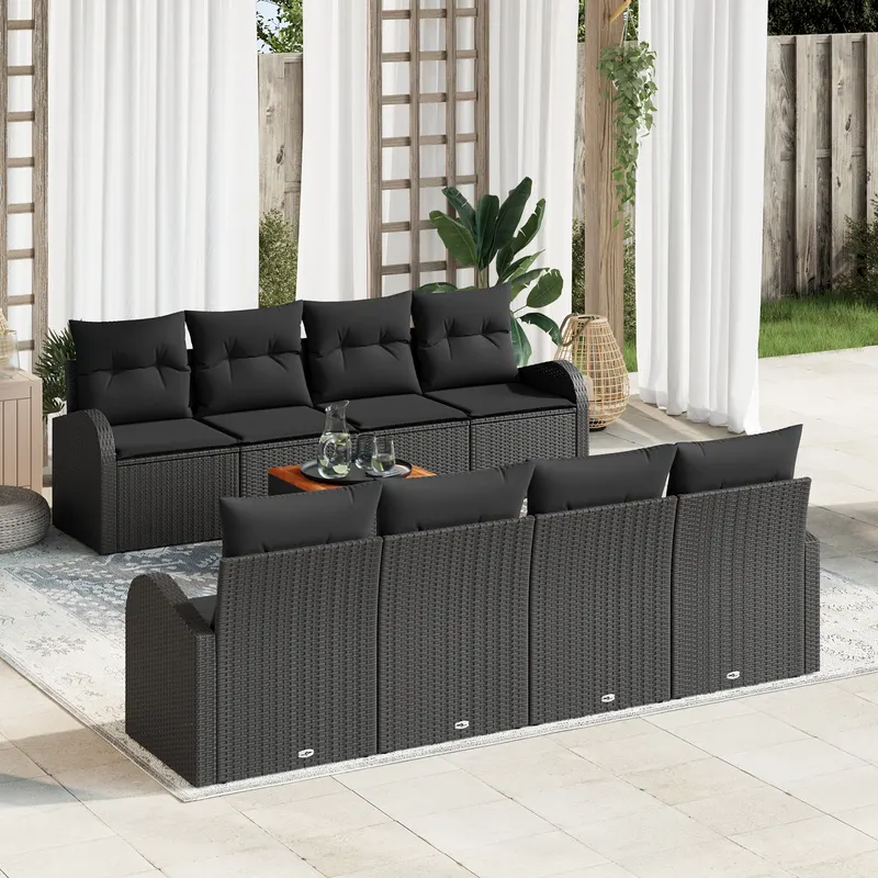 Set de canapele gradina de 9 piese cu pernite negru ratan polimer acacia, canapea gradina pentru 2 persoane cu spatiu de depozitare & pernite negru ratan polimer
