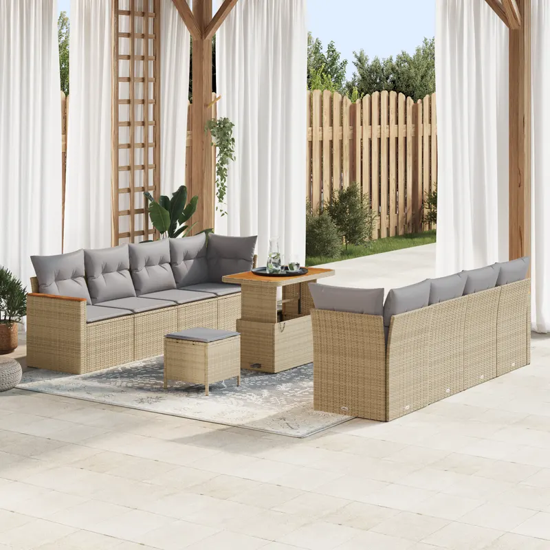 Set canapea gradina cu 11 piese si perne bej din ratan polimeric acacia, set dining gradina cu 3 piese si perne bej din ratan polimeric acacia