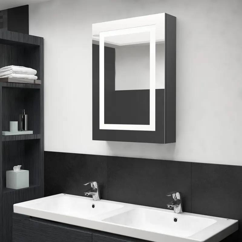 dulap de baie cu oglinda si led, gri, 50x13x70 cm
