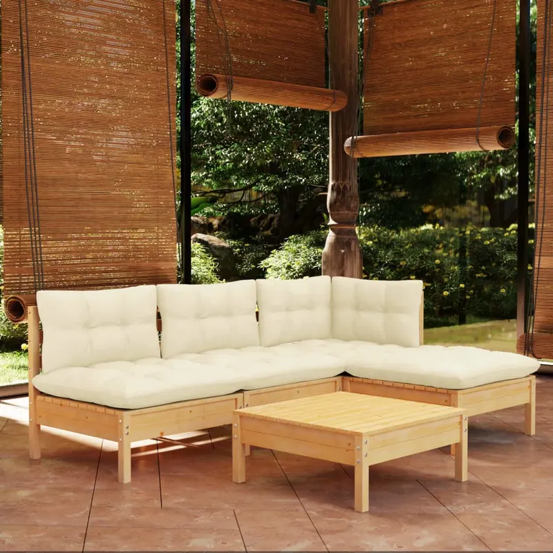 set mobilier gradina cu perne crem, 5 piese, lemn de pin