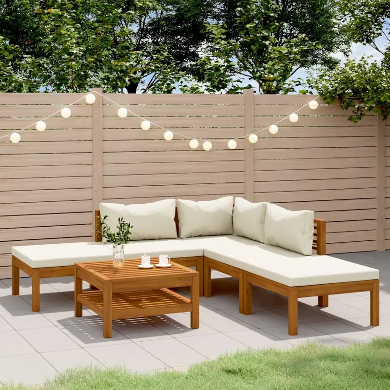 set mobilier gradina cu perne crem, 6 piese, lemn masiv acacia