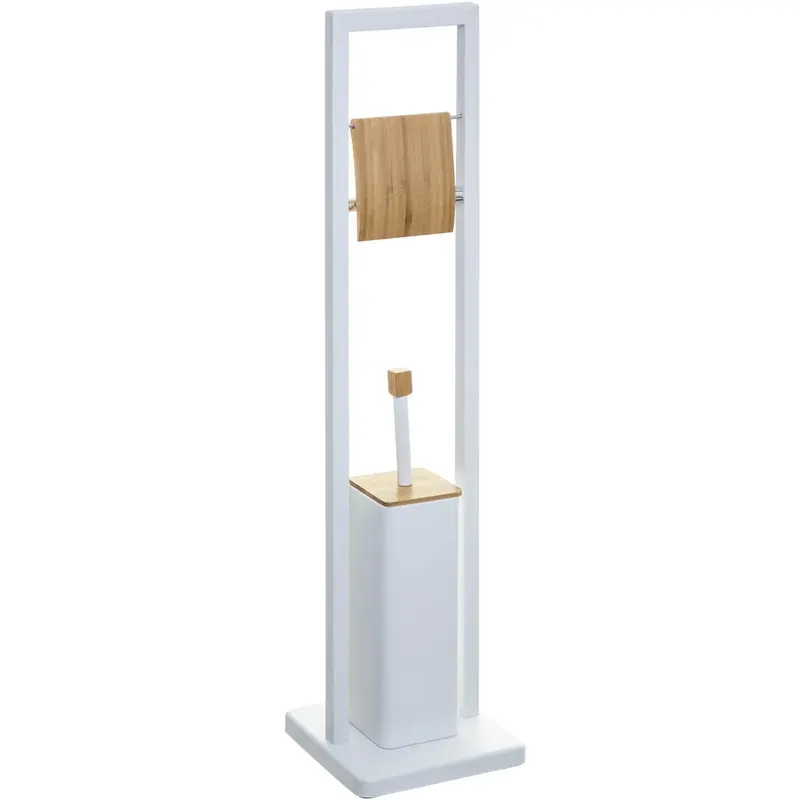 Suport wc cu perie metal si bambus, 20x20x80 cm, design vertical practic, alb