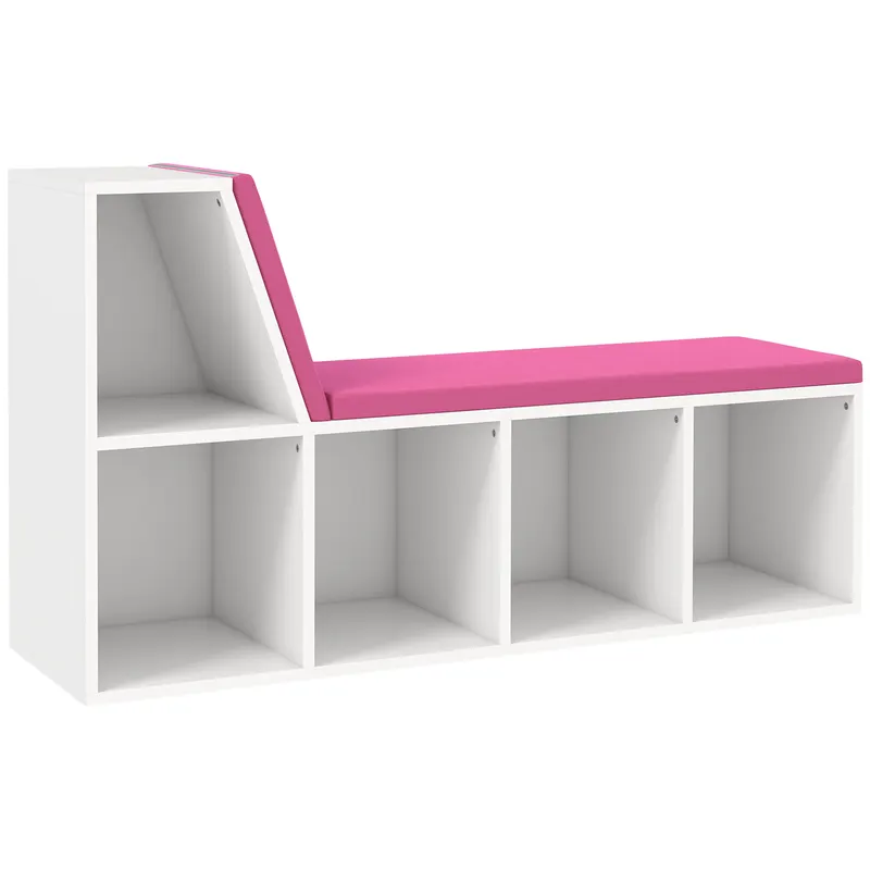 HOMCOM Bibliotecă-bancă 2 în 1 cu 5 compartimente de depozitare și 2 perne 108 x 30 x 60 cm alb roz