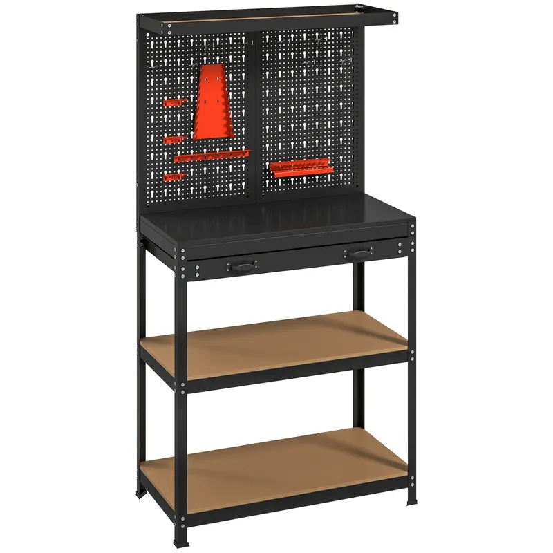 HOMCOM Banc de lucru cu panou perforat pentru scule, 2 rafturi și sertar, din oțel și lemn, 80x40,5x155 cm, negru