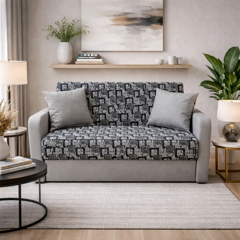 Canapea SAMY extensibila, 2 locuri, cu lada de depozitare, stofa gri cu negru, cadru metalic, 152x100x92 Gri + Negru, Stofa