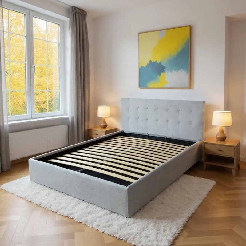 Pat tapitat cu material textil, 140 x 200, cu somiera rabatabila si lada depozitare, Culoare Gri, Kurt