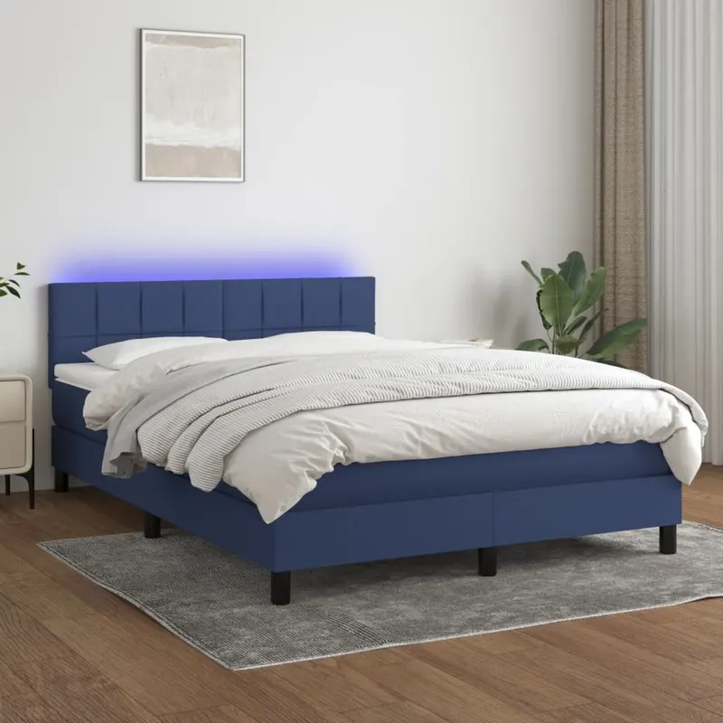 pat cu arcuri, saltea si led, albastru, 140x200 cm, textil