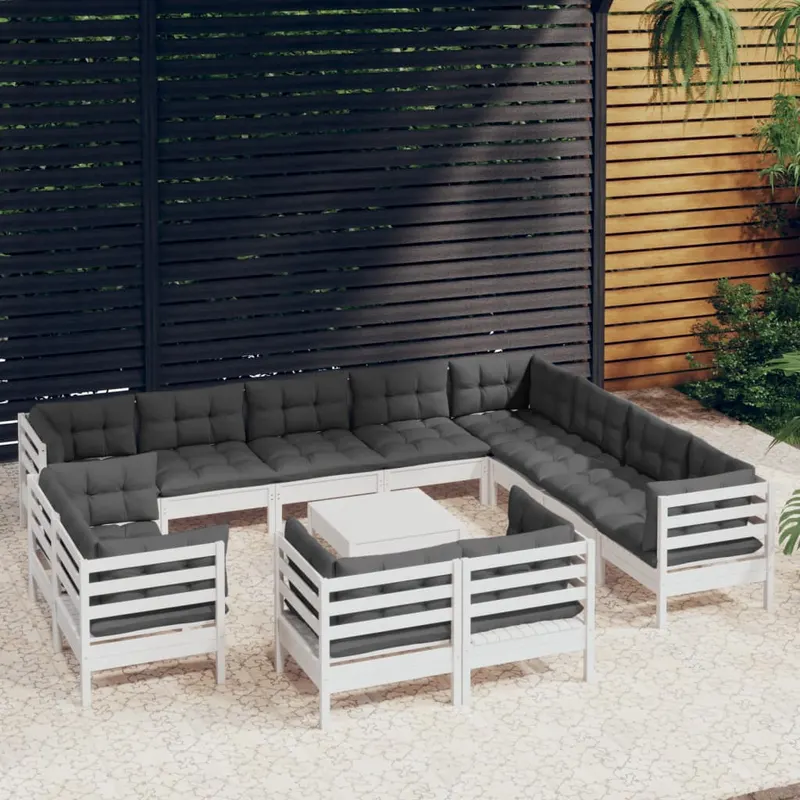 set mobilier gradina cu perne, 13 piese, alb, lemn masiv pin