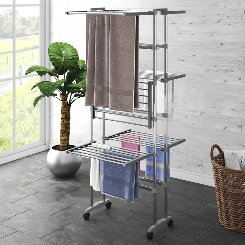 suport uscare rufe, 3 niveluri, cu roti, argintiu, 60x70x129 cm