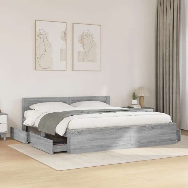 cadru de pat cu tablie gri sonoma 180x200 cm lemn prelucrat