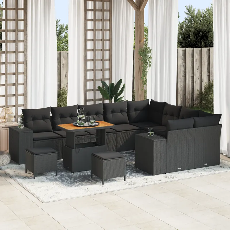 Set canapea gradina cu 12 piese cu perne negru poliratan acacia, set de dining gradina cu 3 piese cu perne negru poliratan acacia